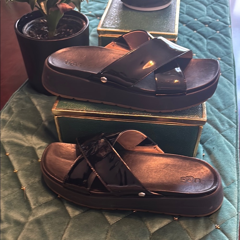 UGG Glossy Black Slide Sandals